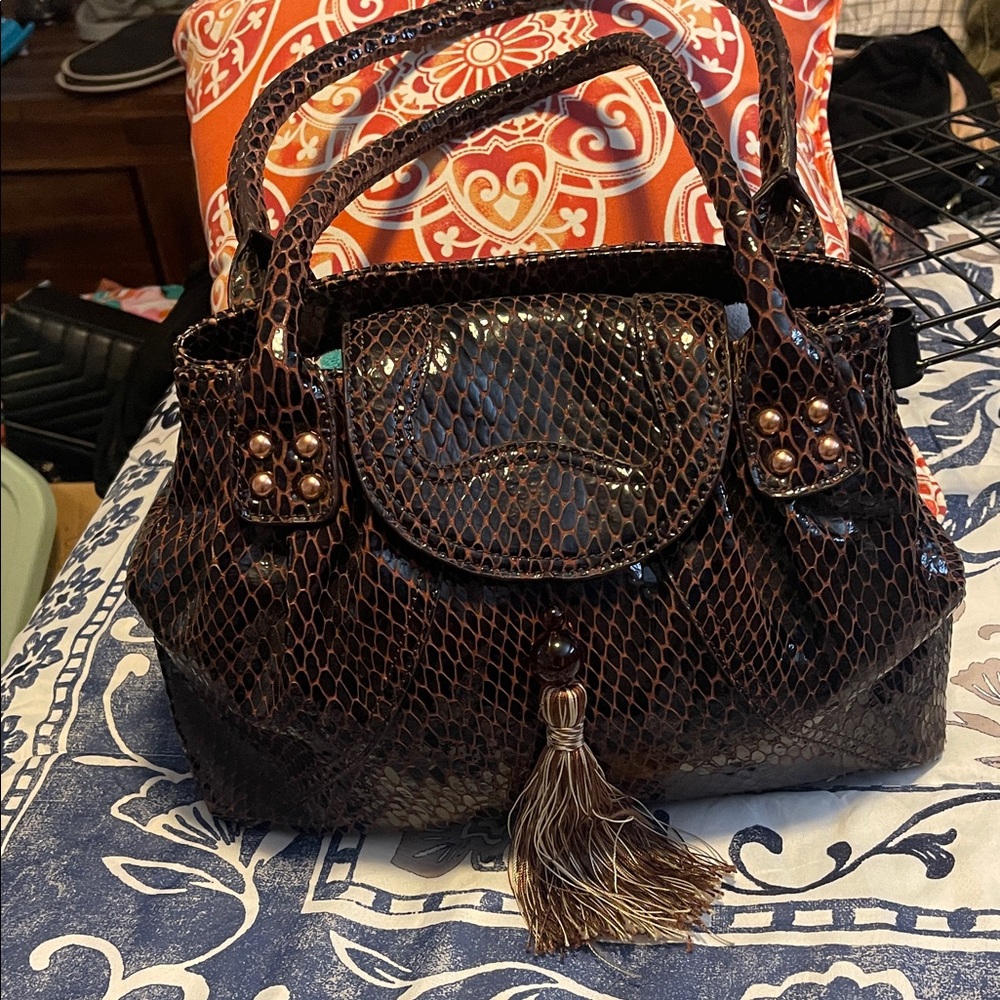 Elegant Brown Leather Snake Print Handbag